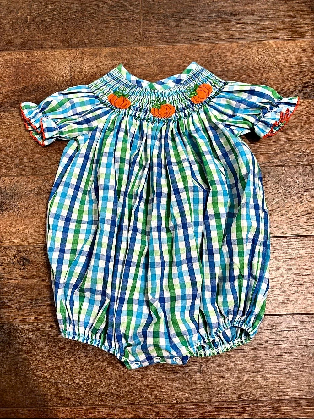 Classic Whimsy Pumpkin Smocked Bubble Romper 18M Blue Green Gingham Fall